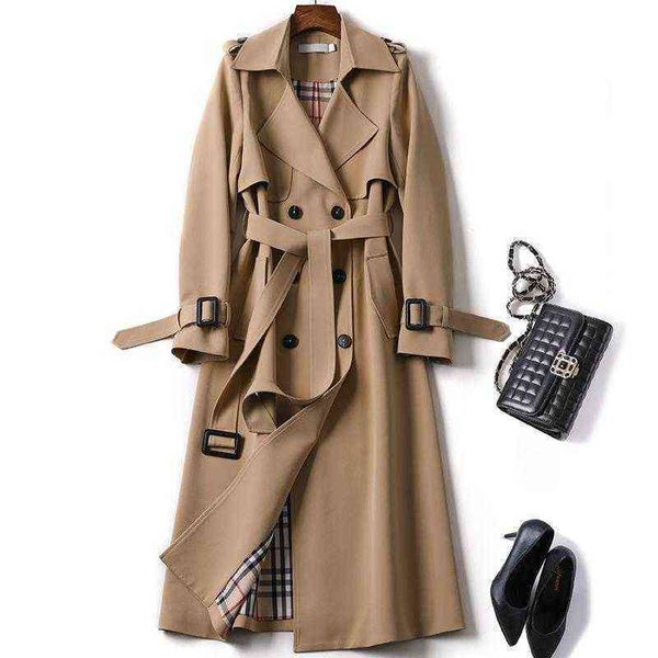 Casacos de trincheira feminina Spring Autumn Novo marca longa designer Trench Coat for Women Lapela Double Basted Slim coreano elegante e sólido