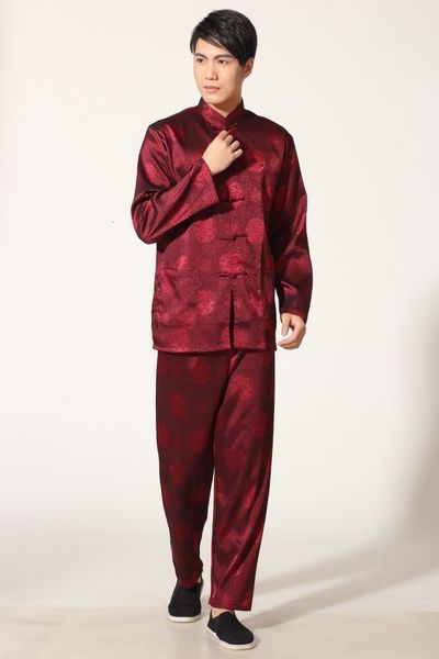 

sleepwear vintage navy blue chinese men satin pajama set pyjamas suit long sleeve shirt &pants trousers nightwear plus size xxxl, Black;brown