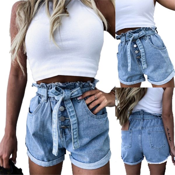 

short summer denim shorts button pocket high waist bandage short female jeans pants, White;black