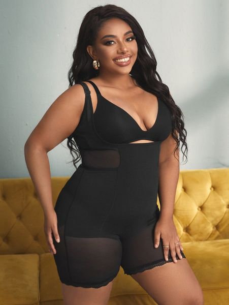 

plus contrast mesh shapewear bodysuit q09y#, Black;white