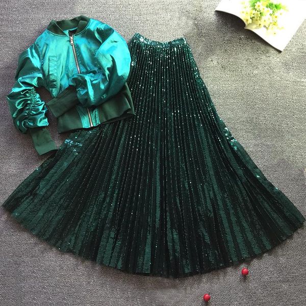 Gonna a pieghe in tulle con paillettes lucide da donna Lunghezza alla caviglia Vintage Vita alta A-Line Gonne verde scuro Moda femminile Jupe