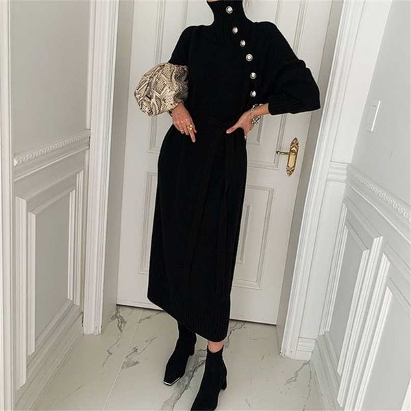 

women casual turtleneck warm knitted sweater dress female elegant solid lace-up ladies fashion autumn winter 211119, Black;gray