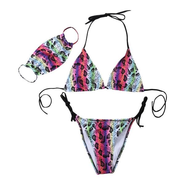 

women's swimwear swimsuit 3 pieces suit snake print bikini bra + low waist lace triangle shorts mask, White;black