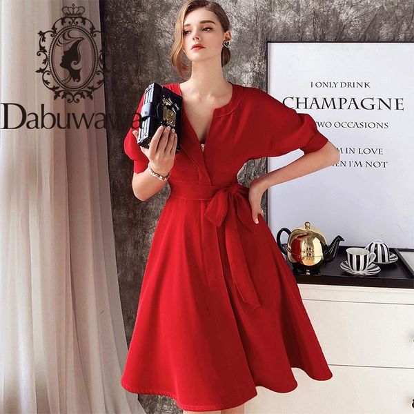 

casual dresses dabuwawa exclusive vintage red a-line dress women batwing sleeve v-neck sash split hem solid party ladies do1bdr043, Black;gray