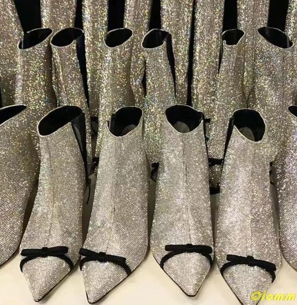 

boots bling ankle crystal all covered pointed toe shoes women's runway high heels woman bowties decors women, Black