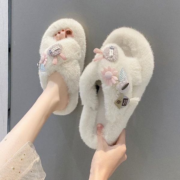 

autumn 2021 korean version of cute cross word drag women wear flat bottom thick faux fur slippers wholesale, Black