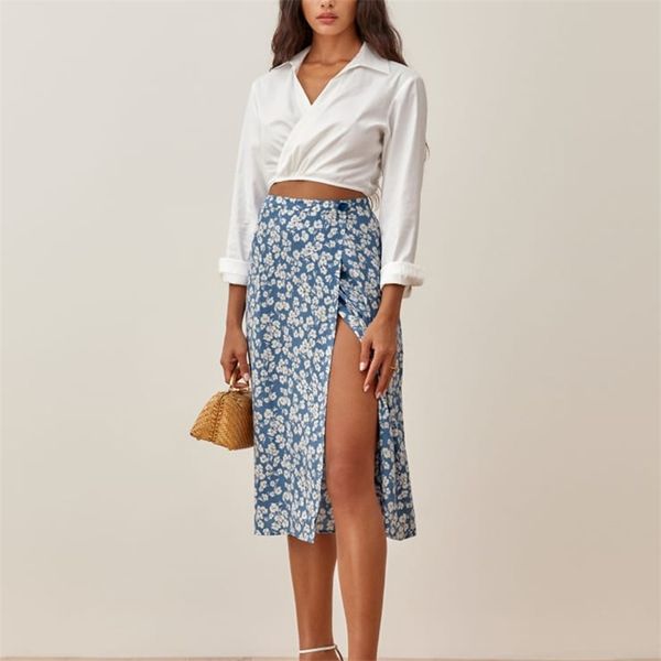 

summer women's casual flower print high-waist split skirt 210430, Black