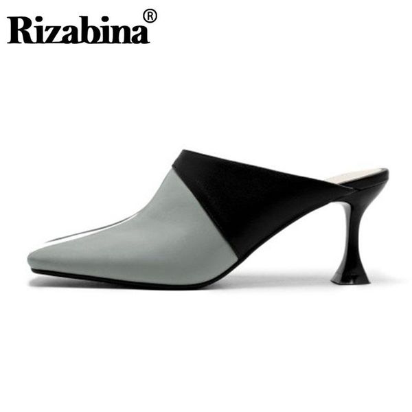 

rizabina women sandals shoes fashion thin high heel slippers real leather mixed color square toe footwear size 33-40, Black