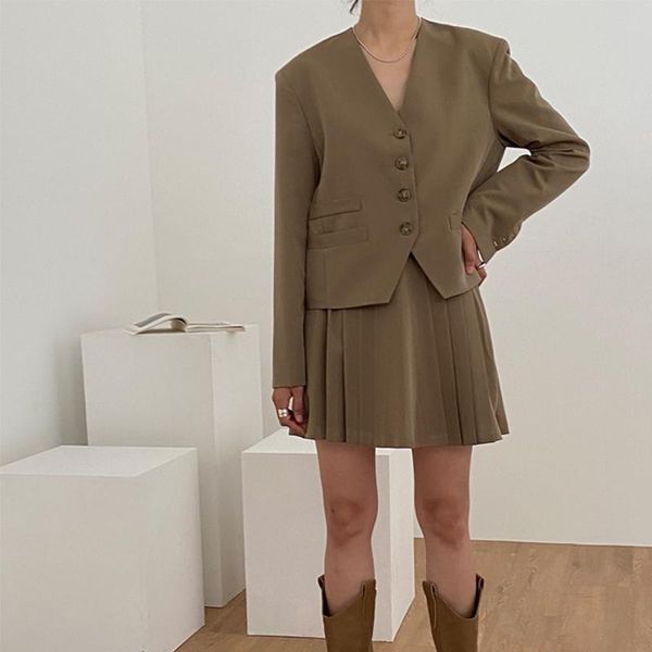 

two piece dress niche fashionable collarless suit jacket symmetrical pleated skirt, White