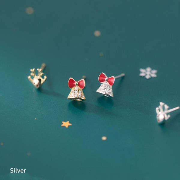

stud a00197 cute sweet animal golden elk bell halloween earrings for women real 925 sterling silver party christmas jewelr, Golden;silver