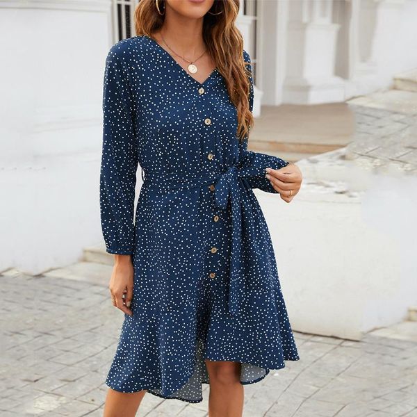 

casual dresses autumn vintage beach dress for womens 2021 polka dot v-neck long-sleeved ruffled one-breasted women vestidos, Black;gray