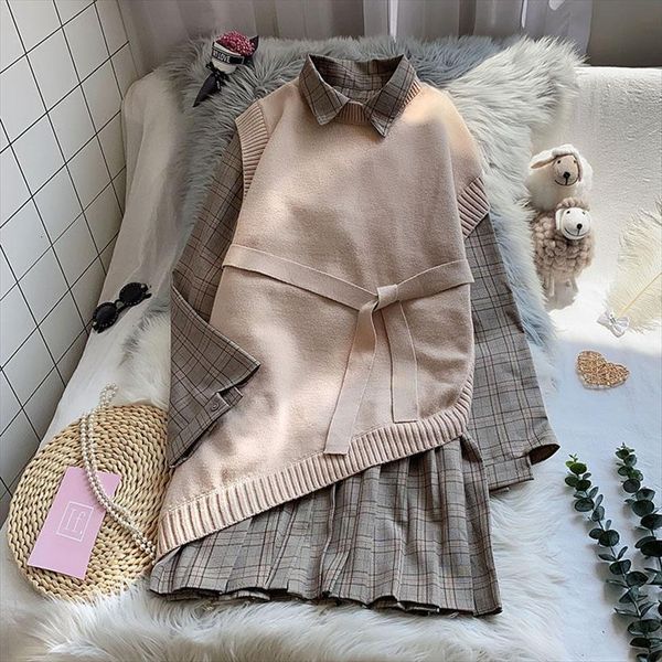 

plaid shirt sweater vest knit womens dresses two piece suit mid length loose fashion waistcoat set outfit y152, White