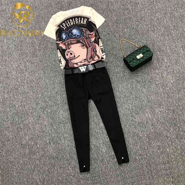 

summer women beige printted chiffon t-shirt short sleeve blouse + slim pant suits calf- length 2 piece set outfits pants 210506, White