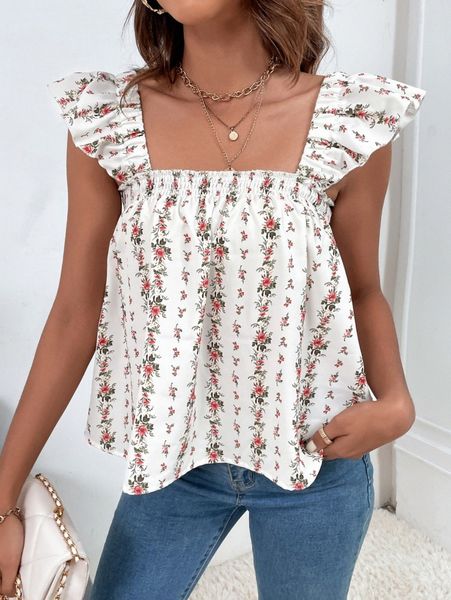 

floral allover print shirred ruffle detail x1j5#, White