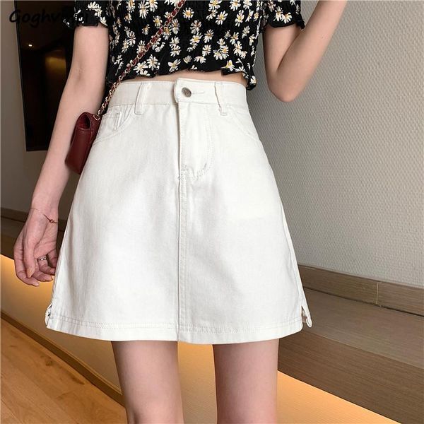 

denim skirts women solid side slit simple chic mini skirt leisure korean style summer high waist all-match streetwear ins trendy, Black