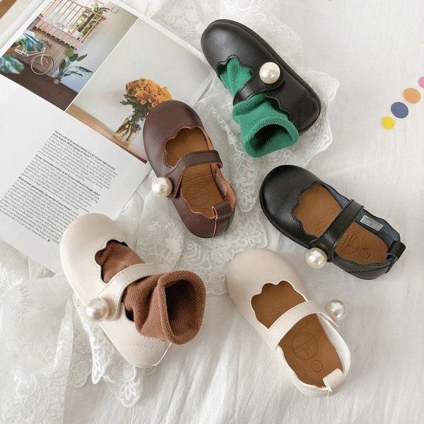 

girls pearl leather shoes 2021 spring and summer baby princess all-match soft bottom children' single flat, Black;grey