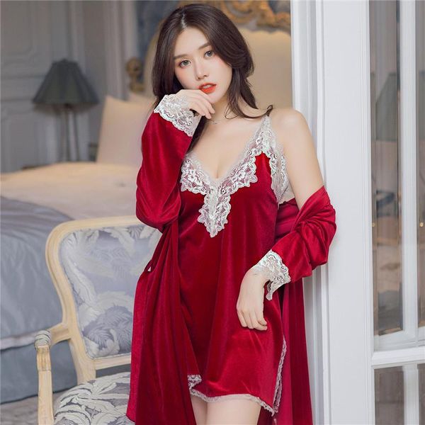 

women's sleepwear velour robe women lace trim suspender nightdress set autumn winter deep v-neck split nightgown kimono bath gown, Black;red