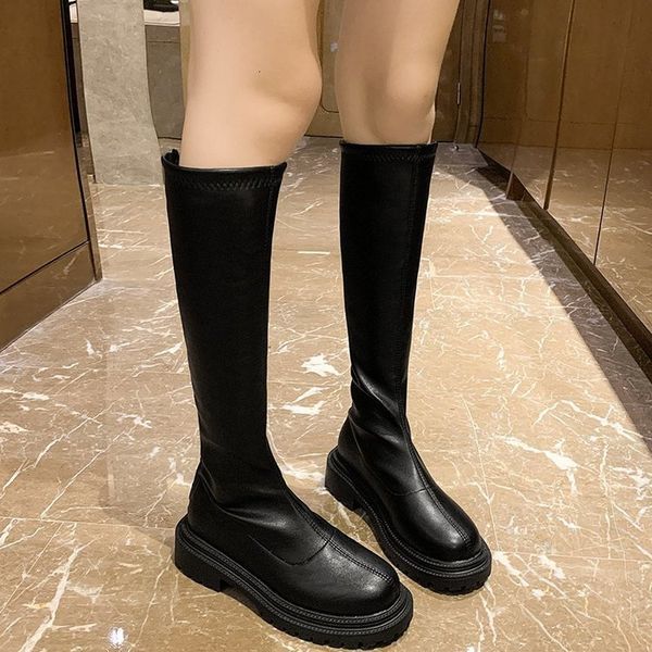 

boots women leather platform shoes autumn long black fashionable boots beige middle of calf toe round foot slide in xdmq