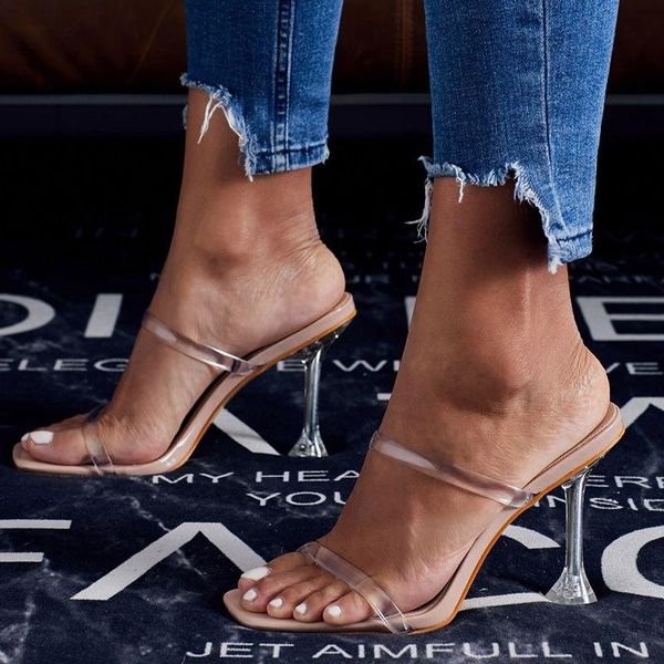 

slippers kissxuanyan 2021 summer women's shoes sandals slipper clear high-heeled thin heel party apricot big size 42 outside, Black