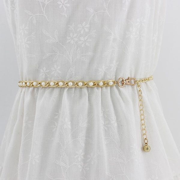 

belts strap dress belt pearl decorative women summer fashion elegant ladies metal adjustable thin waist chain cloth accessories, Black;brown