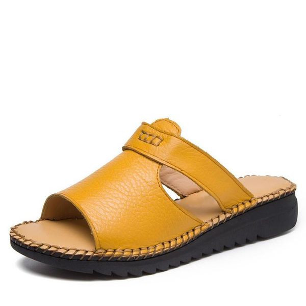 

handmade genuine leather slippers summer women flat shoes open toe flowers slides slip on sandals, Black