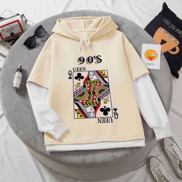 

women hoodie fashion trendy playing cards poker queen print stitching harajuku retro long sleeve color block pullover sweatshirt, Black