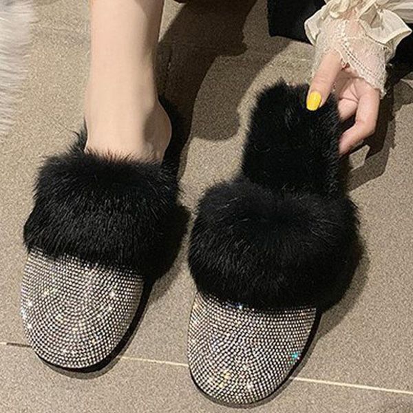 

slippers women winter female luxury rhinestone indoor cotton shoes square toe non-slip ladies flat shoe women's footwear, Black