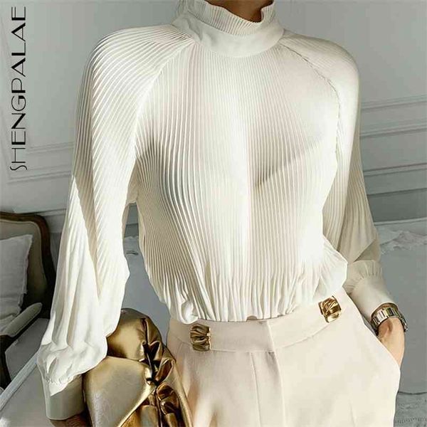 

elegant blouse women's spring stand collar pleated micro transparent solid color lantern sleeve female 5a129 210427, White