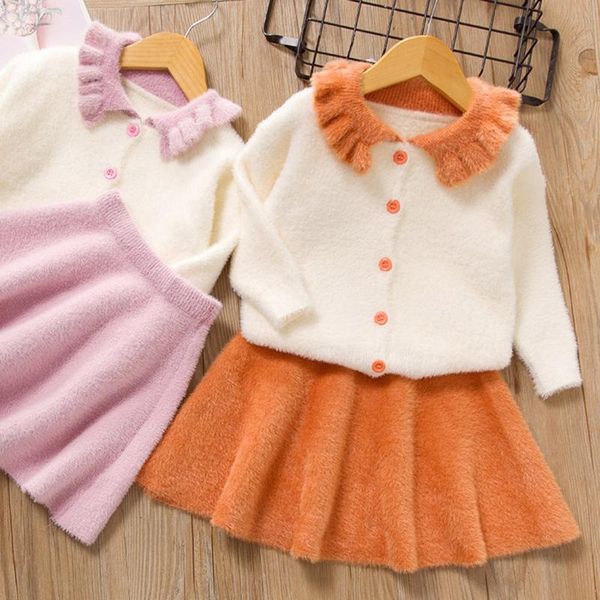 

two piece dress toddler kids baby girls lapel clothes pure color button cardigan skirt suit long sleeve single-breasted girl, White