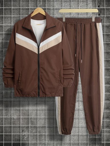 

men colorblock zip front jacket & drawstring waist pants j2or#, Gray