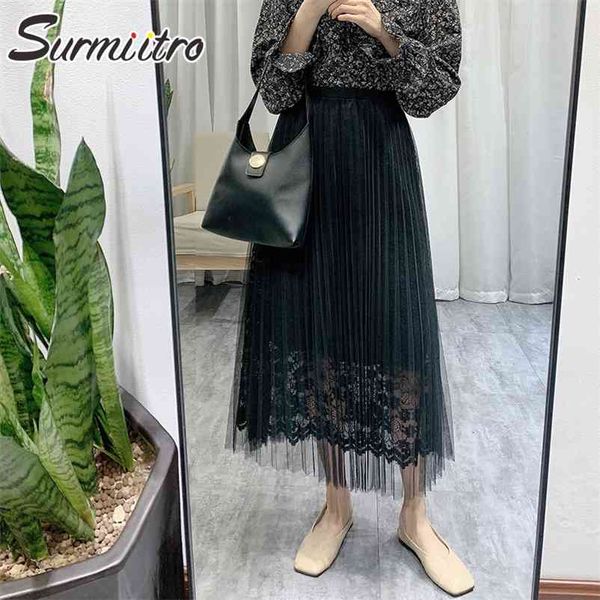 

spring summer long tulle skirt women korean style black lace floral high waist office pleated midi female 210421