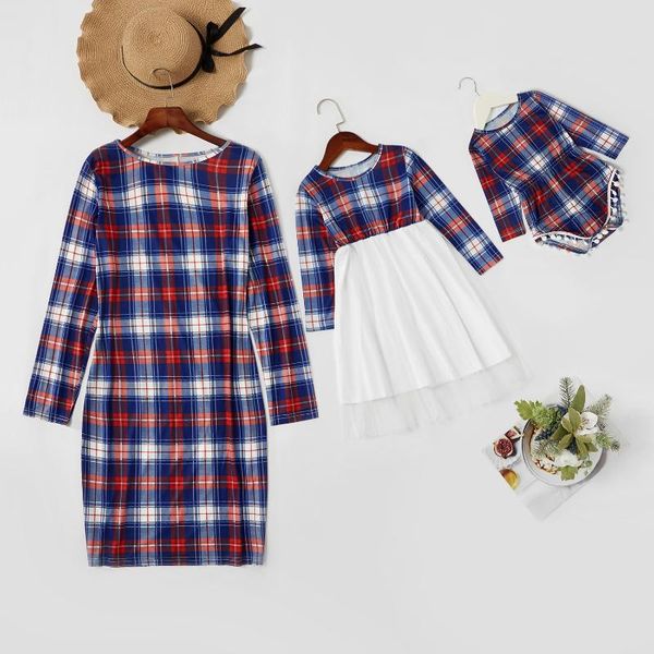 

family matching outfits homewear mom daughter dress parent-child clothing suit skirt girls plaid mesh women fall 2021, Blue