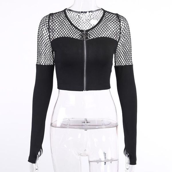 

women's t-shirt lady v neck cardigan hollow out mesh patchwork long-sleeve hipster short tshirt black gothic women zipper t shirt 2021, White
