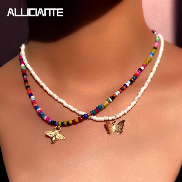

chains cute butterfly bee choker candy color beaded necklaces for women acrylic seed bead pendant necklace layered summer party jewelry, Silver