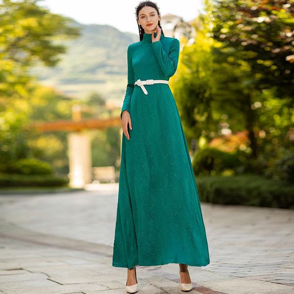 

casual dresses 2021 autumn winter women dress office lady turtleneck green long ankle-length sleeve, Black;gray