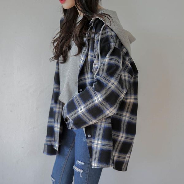 

women's polos woman clothes spring and autumn hooded plaid casual shirt, White