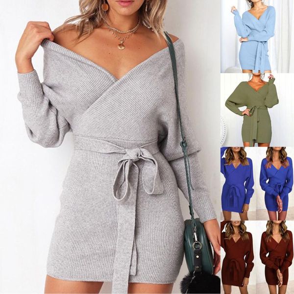 

casual dresses women v-neck knitted skirt suits spring long sleeve belted backless knitwear elegant party female sweater blue dress, Black;gray