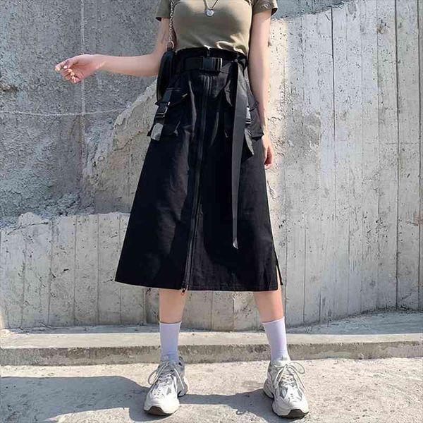 

korean autumn woman skirts casual punk pocket belt ulzzang long skirt dropshipping vintage harajuku black gothic hip hop clothes