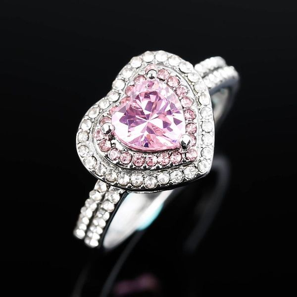 

wedding rings elegant heart for women exquisite pink zirconia engagement jewelry silver color bridal gift, Slivery;golden