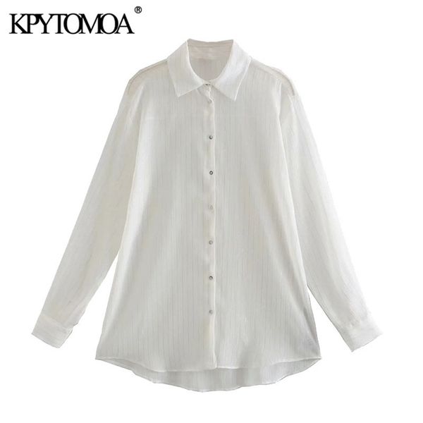 Mulheres moda semi-sheer linha metálica listrada blusas manga comprida botão-up fêmea camisas chique tops 210420