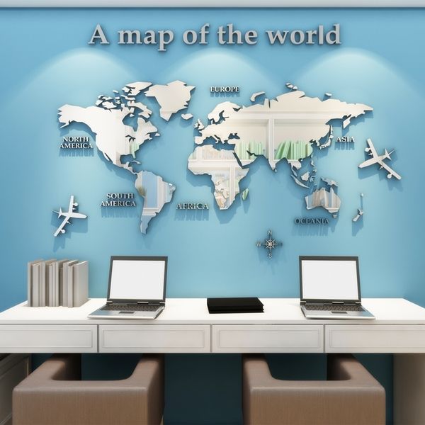 Versione europea Mappa del mondo Adesivo da parete in acrilico 3D per soggiorno Ufficio Decorazioni per la casa Mappa del mondo Decalcomanie da muro Murale per camera dei bambini 210615