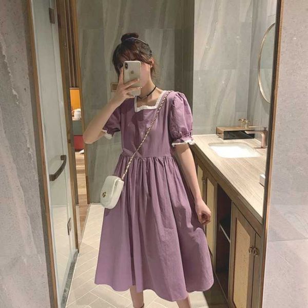 

mm fat large bubble sleeve drs women's summer 2021 french style with thin waist and square collar purple skirt, Black;gray