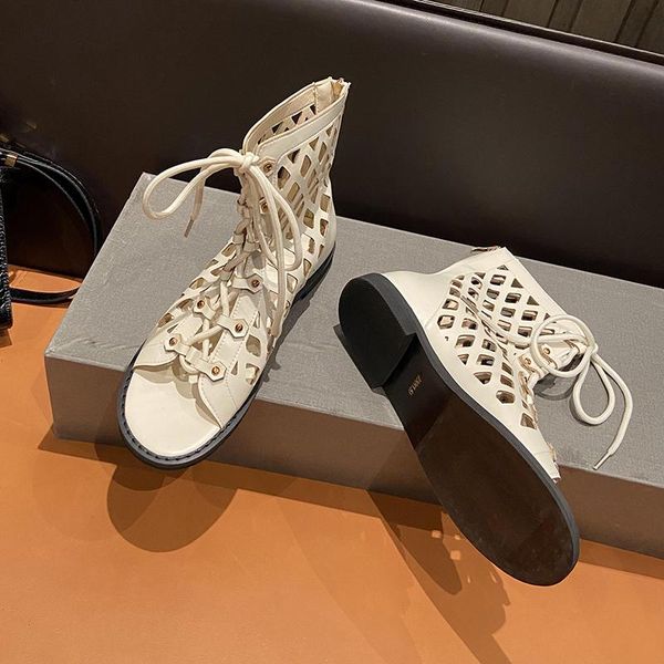 

boots fashion flat-bottomed comfortable open-toe women's fish mouth sandals summer lace-up hollow breathable mesh boots., Black