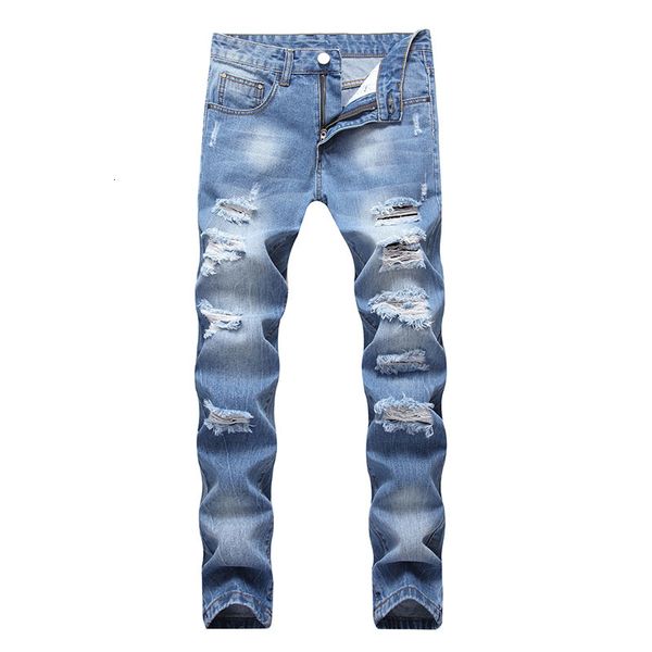 

men's jeans men casual jeans hiphop denim pants knees holes ripped distressed bleached scratched fashionable high qulaity shi daqv, Blue