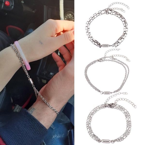 

charm bracelets 2pcs/set steel o-shaped magnet adjustable bracelet for couple stainless attractive men and women valentine'day gifts, Golden;silver