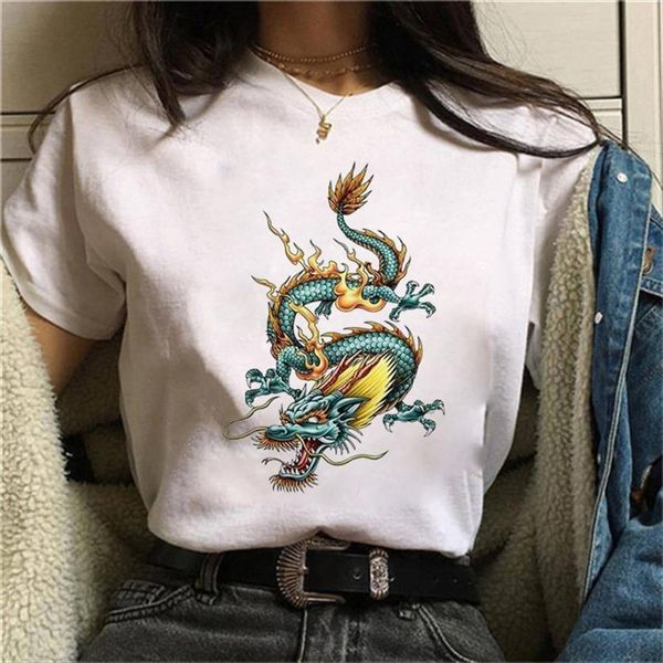 

fashion chinese dragon print womens summer tee casual harajuku femme, White