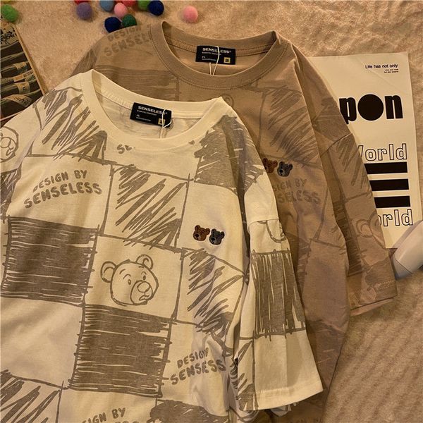 

women's pants & capris korean-style female t-shirt, summer , casual, loose, chess, bear, stamina, short sleeve, student, vintage, coupl, Black;white