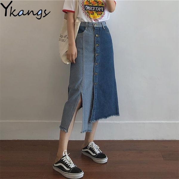 Primavera Donna Casual Bottone frontale Gonne di jeans Donna Split splice irregolare Long Mom Jean Skirt Ladies Plus Size 5XL Streetwear 210421