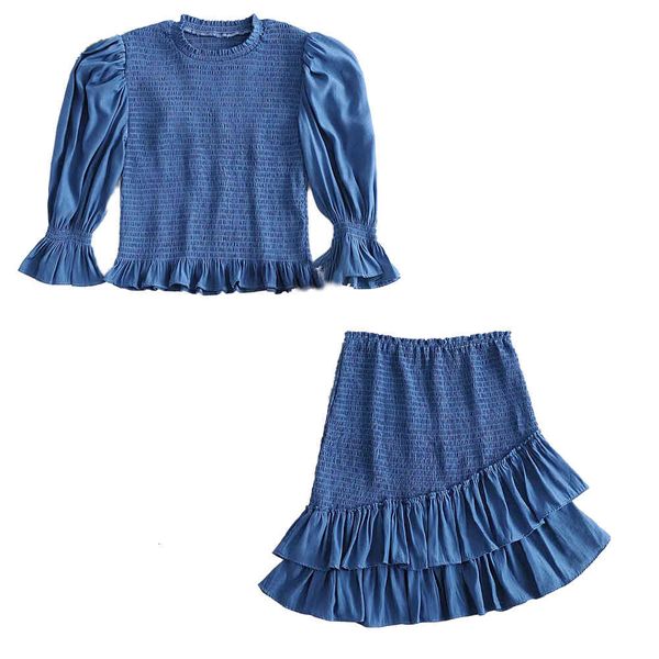 

suits summer women two piece set smocked elastic blouse top & mini skirt ruffled high-waist ensemble femme chandal mujer