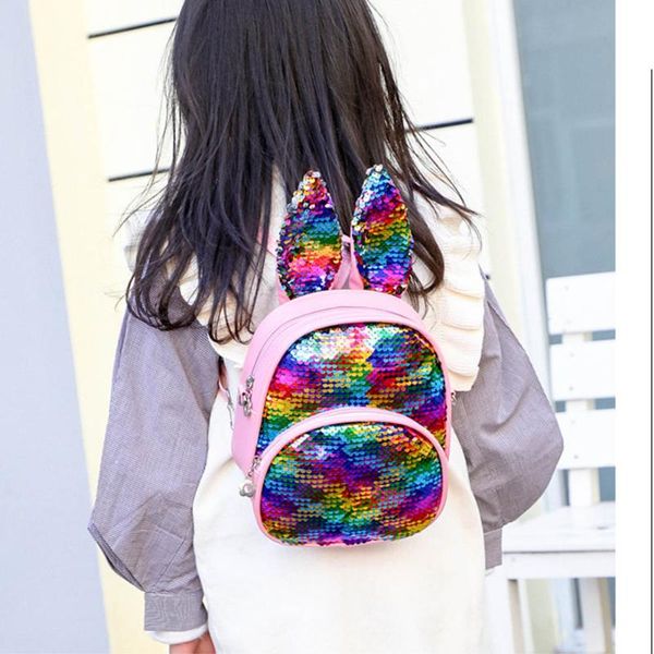 Outdoor-Taschen Kinder Kinder Mädchen Rucksack Pailletten Schultasche Ohren Reißverschluss für Reisen J9